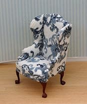 Upholstered Dollhouse Miniature Wing Chair in Blue and White Cotton