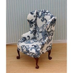 Upholstered Dollhouse Miniature Wing Chair in Blue and White Cotton