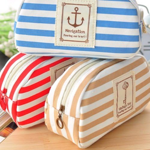JADE Onlines Stripe Pencil Case Pouch Cosmetic Bag Storage Student Stationery Zipper Wallet,Beige