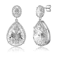 Sterling Silver 925 Dangle Earrings In Pear Oval Cubic Zirconia CZ