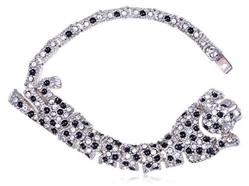 Silver Tone Black Enamel Clear Crystal Synthetic Emerald Rhinestone Leopard Slim Bracelet