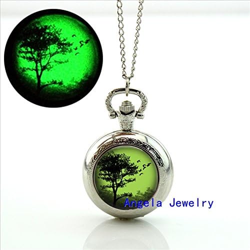 Pretty Lee Fashion Glowing Pendant Emerald Tree Locket Necklace Emerald Tree Vintage Bronze Pocket Watch Necklace