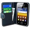 Negra Cartera Funda de Cuero para Samsung S5360 Galaxy Y - Flip Case Cover + 2 Protectores de Pantalla