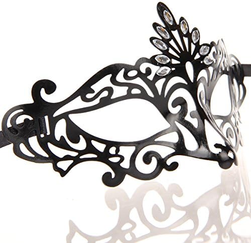 Women Half Face PVC Italy Party Mask Hollow-Scrollwork Design Black