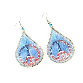 USA Flag Peace Sign, Hand Woven Thread Teardrop Dangle Earrings from Peru