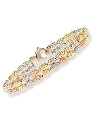 14k Tricolor Gold, Fancy Sparkly Oval Disco Bead Semi Rigid Bangle Bracelet for Ladies