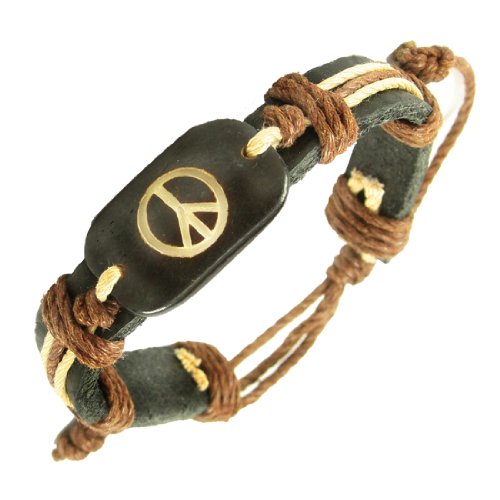 Leather Peace Bracelet with adjustalbe brown cord