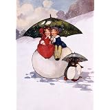Boy and girl under umbrella sitting on a snowball and two penguins under an umbrella walking in a Christmas card (Print On Demand)