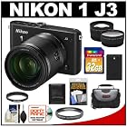 Nikon 1 J3 Digital Camera Body with 10-100mm VR Lens (Black) with 32GB Card + Battery + Case + Filter + Telephoto & Wide-Angle Lenses + Accessory Kit