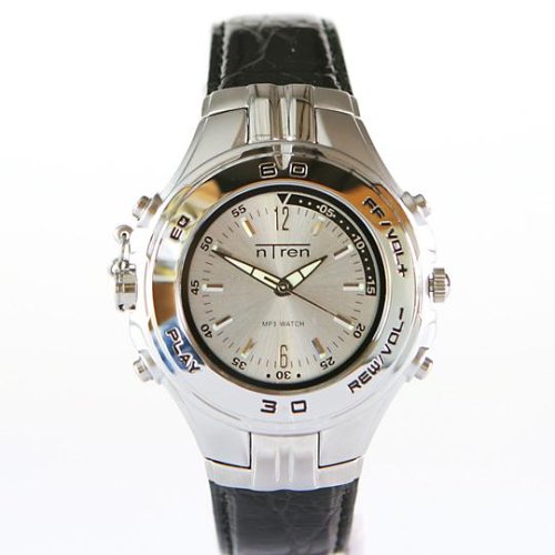 nTren 1690-522 MP3 Data Storage Watch, Black Leather Band and Silver Watch Face