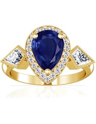 14K Yellow Gold Pear Cut Blue Sapphire Ring With Sidestones