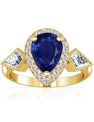 18K Yellow Gold Pear Cut Blue Sapphire Ring With Sidestones