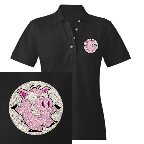 Artsmith, Inc. Women's Embroidered Polo Pig Cartoon - Black, 2X