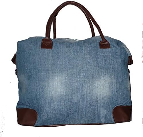Denim Weekender Bag with Exterior Zipper Pocket and Faux Leather Trim and Handles *Can Be Personalized (Blank, Light Denim - Brown Trim)