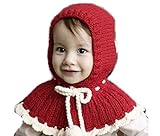 【Kan Sei+】絵本の中から飛び出した赤ずきんちゃん！　肩からしっかり防寒　よく動く子供でも肩や耳を冷やさないから温かさ持続　ニット帽子 /毛糸/手編みなので赤ちゃんの頭にも安心 (赤)