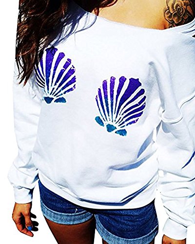ZESICA Women's Chic Mermaid Shells T Shirts Off the Shoulder Slouchy Pullovers Tops,White,X-Large