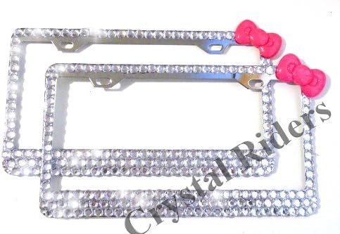 PAIR OF 2 Bling License Plate Frame 3 ROWS FUCHSIA PINK BOW ROUND with Crystals Clear Metal Chrome Zink Alloy Holder Sparkly Sparkle Custom Hand Made Hand Crafted 2 SET TWO HOT PINK