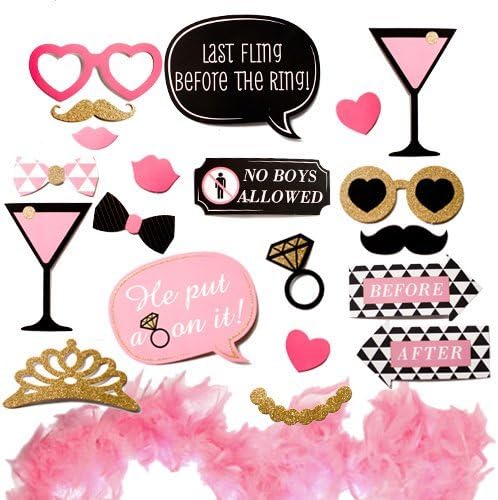 Bachelorette Ladies Night Party Photo Booth Props Kit 4 foot Feather Boa Pink Backdrop 20 Funny Glittery Sticker &amp; Easy To Assemble Fun Faces &amp; Accessories For An Unforgettable Hen Bridal Shower