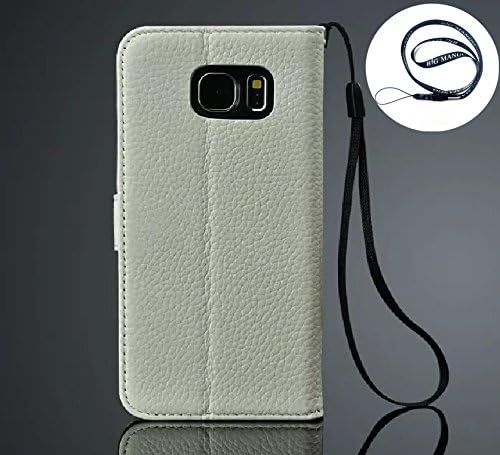 Multipurpose Business Style Fashion Litchi Print Samsung S6 Skin Wristlet Case Flip Folio Super High Quality Genuine Leather Case and Wallet Cover for Samsung Galaxy S6 with Multiple ID Card Holders & Magnet Closure & Convertible Stand & Photo Display Window View,"BIG MANGO" Logo Long Neck Strap - White