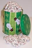 Scott's Cakes Yogurt Pretzels with Christmas Color Non-Pareils in a Green Snowman Can