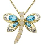 10k Yellow Gold Blue Topaz, Opal and Diamond Dragon Fly Pendant (0.02 cttw, I-J Color, I3 Clarity), 18