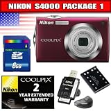 Nikon Coolpix S4000 12MP Digital Camera with 4x Wide Angle Optical Vibration Reduction (VR) Zoom and 3.0 LCD (Red) Package 1