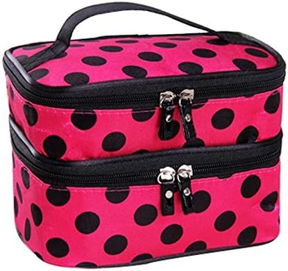 Angela Star Cosmetic Bag Double Layers Dot Decor Big Capacity Travel Bag Makeup Holder Toiletry Bag with Mirror (Rose)