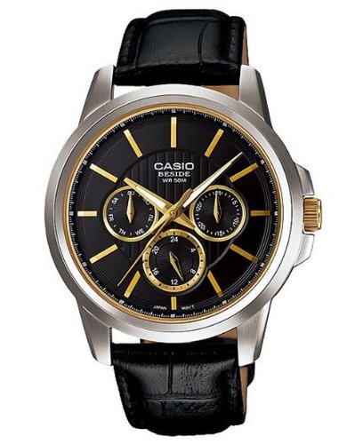 Casio Men's Core BEM307BL-1A1V Black Leather Quartz Watch with Black Dial