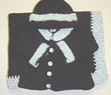 Ck75bk, Knitted on Hand Knitting Machine Trimmed with Hand Crochet Infant Boys Black Chenille with Blue Trim Cardigan Hat Set and Matching Blanket