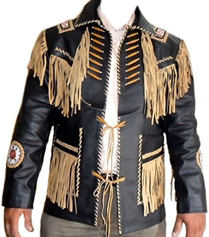 Celebrita X Western Design Leather Jacket Fringed Bones &amp; Beads CX11 Sheep Black M - For Chest 40"-42"