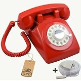 Protelx GPO PTX1970 Retro Vintage Style Old Fashioned Rotary Dial Telephone - Red, Plus BT 10m Telephone Extension Cableby Protelx