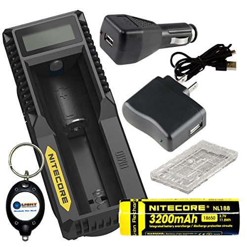 BUNDLE: Nitecore UM10 USB Li-ion Battery Charger For 18650/18490/18350/17670/17500/16340/14500/10440 w/ 1x 18650 Battery CASE, USB WALL & USB Car charger Plug, CHOICE of 1x 18650 and Lightjunction Keychain Light (3200mAh)