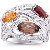 14K White Gold Citrine, Smoky Quartz and Diamond Ring