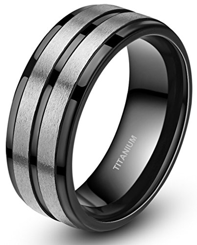 Two Tone Black Stripe Grooved Brushed Titanium Rings for Men Engagement Band 8mm (11)