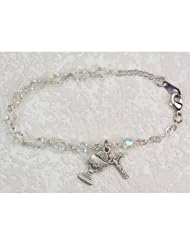 Great for First Communion, 6.5" Rosary Girls Bracelet, 5mm Crystal Beads with Sterling Silver Chalice & Crucifix Cross Charms.