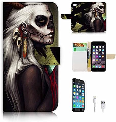 Pinky Beauty Australia iPhone 6 6S Plus (5.5') Flip Wallet Case Cover &amp; Screen Protector &amp; Charging Cable Bundle! A8312 Sugar Skull Girl
