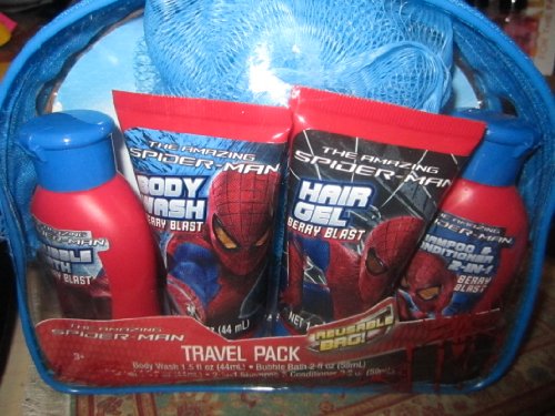 The Amazing Spider-man Travel Pack with Reusable Bag, Body Wash 1.5, Bubble Bath 2fl. Oz, Hair Gel 1.5 Fl Oz, 2in1 Shampoo & Conditioner 2fl. Oz, Bath Sponge