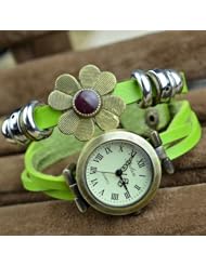 Green Color Women Girls Tiny Daisy Leather Belt Bracelet Watch