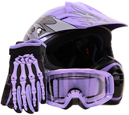Youth Offroad Gear Combo Helmet Gloves Goggles DOT Motocross ATV Dirt Bike MX Motorcycle Purple - XL