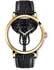 Analog Gold Women Watches Black Leather Wristband - Elephant