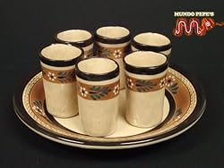 Tequila Shot Glass Set w/Plate Mexican Ceramic Folk-Art Hand Crafted [Capula Michoacan Mexico]