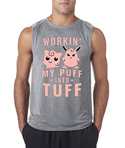 allwitty 1020 - Men's Sleeveless Workin My Puff Into Tuff Jigglypuff Wigglytuff Pokemon Gym Training Workout Medium Heather Grey