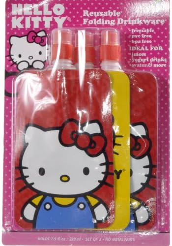 HELLO KITTY Reusable Folding Drinkware Bottle BPA-Free Holds 7.5 fl oz, No metal parts, 3 items per pack, assorted colors &amp; designs (1 Pack)