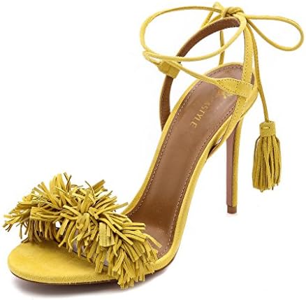 Isastyle Womens Shoes Lace Up High Heel Sandals Tassel Fringe Tie Up Party Prom Strappy Size for Dress Suede Yellow US 7