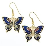 Gold Plated Butterfly Cloisonne Earrings - 27mm Width - Blue - Fishhook Backings