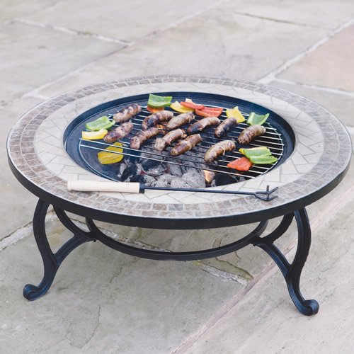 'Beacon Star' 30 inch Diam. Outdoor Coffee Table with Integral Fire Pit, Chromed BBQ Grid Spark Guard & Weather Cover