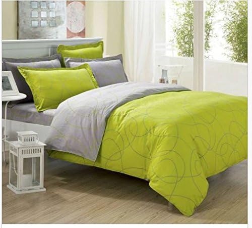 Lime Green and Grey Patterned Reversible- 4 Piece Queen Duvet Set - Cotton - 600 Thread Count