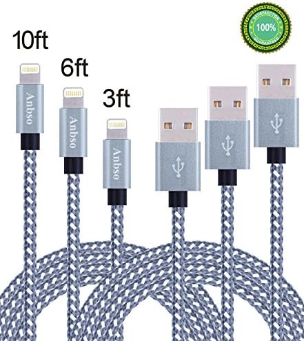 Anbso 3 Pack 3FT 6FT 10FT Durable Nylon Braided Lightning to USB Cable iPhone 6/6s/6 Plus/6s Plus/5/5c/5s/SE, iPad Air/Mini, iPod Nano/Touch(grey &amp; silver)