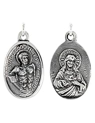 Sterling Silver Saint Dismas Good Thief and Sacred Heart Medal Pendant 1 X 5/8 inch (24 mm X 16 mm).