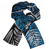 IMAGE OF ArtisanStreet's Brilliant Blue & Deep Charcoal Gray Leaf Patterned Hand Made Silk Scarf. One of a Kind. Signed By Artisan.
